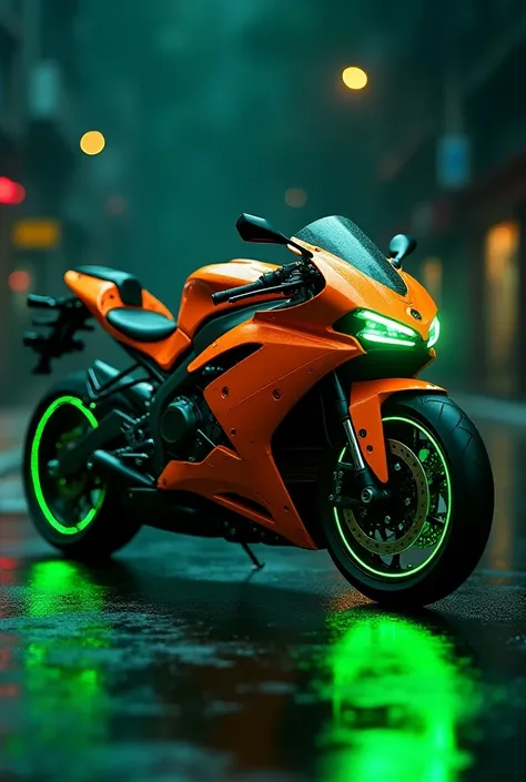 Orange motorcycle with neon green details