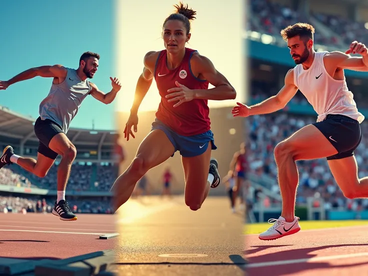  A montage of photos of athletes in motion in the jumping and throwing modalities, like high jump , shot put,  pole vault and dart throw .
Visual Style : Image in dynamic tones to give a sense of movement and energy .
