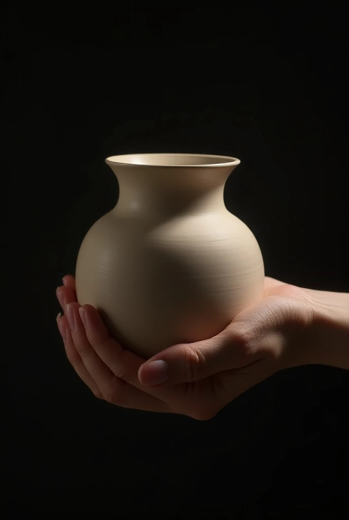 hands that have a hole in the center molding a vessel in which only that is focused and not the bottom,  do it with a dark background that plays with the shadows and there is glare in the hands and vase