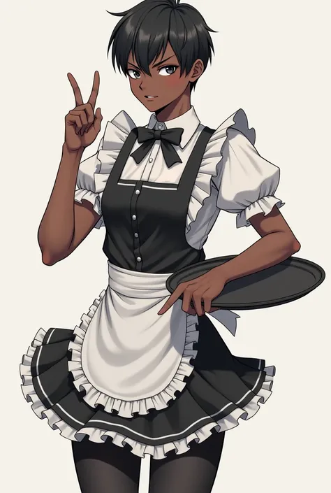 A slender young man with dark brown skin, styled as a femboy. He has an androgynous appearance with a distinctly masculine yet soft face, featuring a defined jawline, large expressive eyes, and short, neat hair. He is dressed in a traditional maid café out...