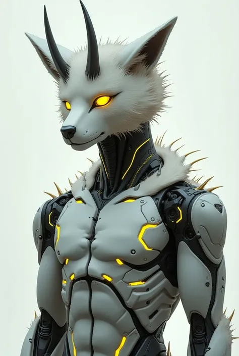 A male robot anime  , light gray fur, horns on the head, yellow eyes,  prosthetic right eye , stripes on the body ,  bright yellow wires