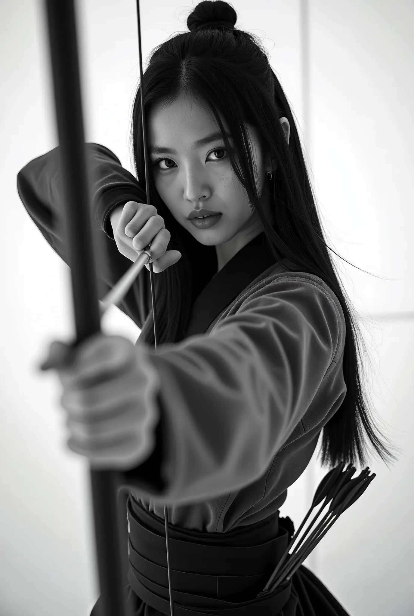 live-action、 real、kyudo、a very beautiful japanese woman who holds a bow and sets her sights on viewers、carrying arrows、ainu trad...