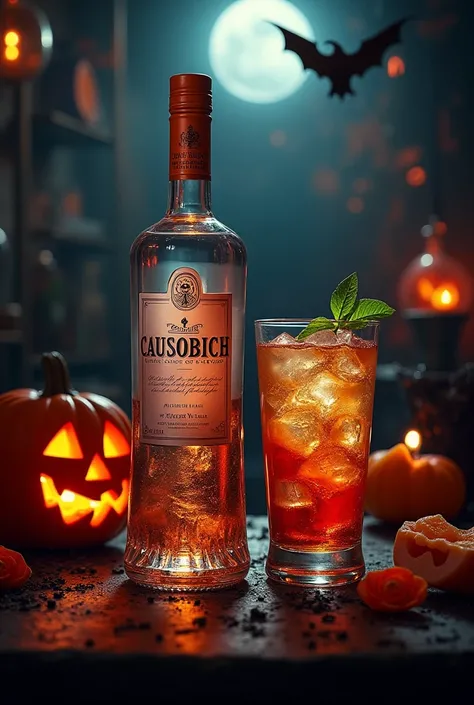 Create an innovative and realistic poster about a vodka brand called CAUSOBICH from Peru with non-fictional Halloween mixes 