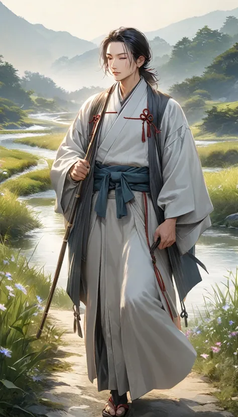 A realistic depiction of Matsuo Basho, the famous Japanese poet, walking along a serene countryside path during his journey. He is dressed in traditional Edo-period travel attire, holding a walking stick, with a calm and thoughtful expression. The path is ...