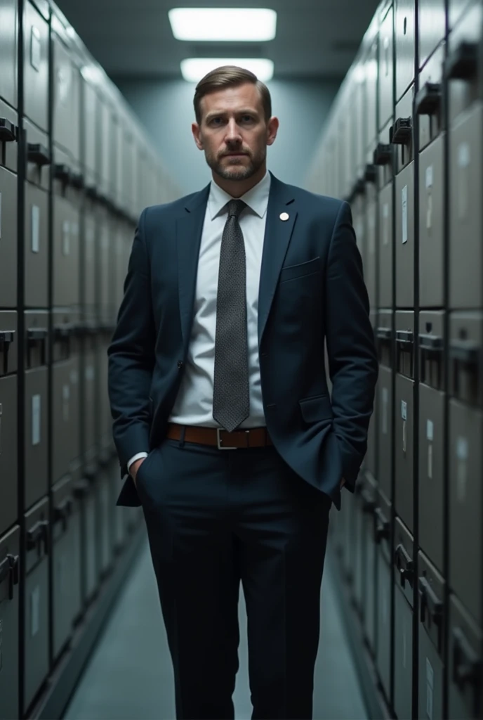 A person dressed in a suit and tie surrounded by file cabinets