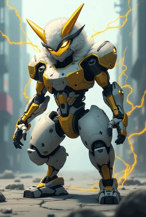 An anime robot , light gray fur, horns on the head, yellow eyes,  prosthetic right eye , stripes on the body ,  bright yellow wires