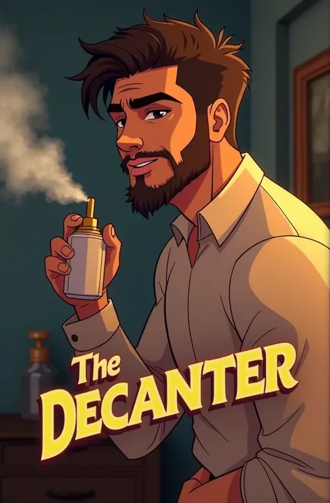 Animated picture of a white/latino mid 20s guy with stubble & some muscle definition, spraying perfume, seen from the side, below there is big The Decanter writing, the design looks attractive, realistic, complicated theme, logo, attracts buyers