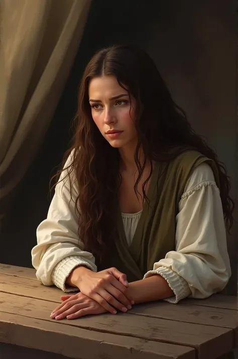 A long-haired brunette woman sitting facing a wooden table wearing clothes from the time of Christ with a sad expression on her face in the background of a camp 