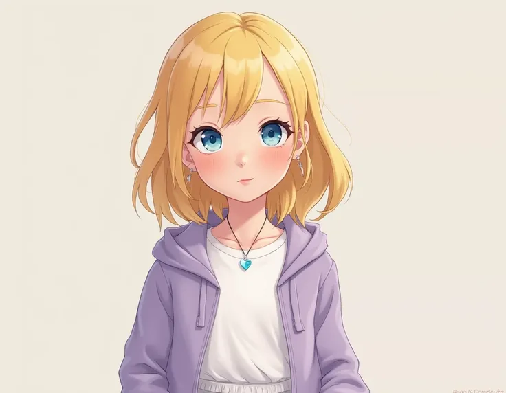 Blonde haired teen with blue eyes wearing a plain white shirt with a light purple jacket and a white skirt wearing a light blue crystal heart necklace realistic cartoon