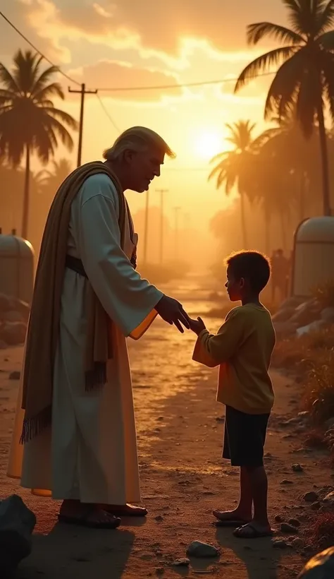  Create an epic and emotional scene of Trump feeding a homeless child due to a hurricane that devastated the place,  Jesus Christ is in the place very happy with Trumps attitude , Jesus with his heavenly aura 