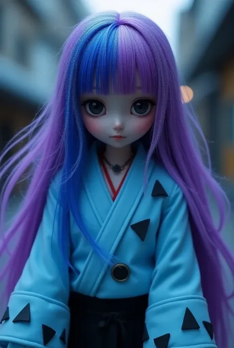  purple long hair that hides the waist　Two-color purple and blue hair 　 turn a section of ones bangs blue blue blue with blue highlights on the bangs　 part of the bangs is light blue 　Dark Eyes　Sharp, Cool Eyes 　Light blue haori coat　Blue coat with white t...