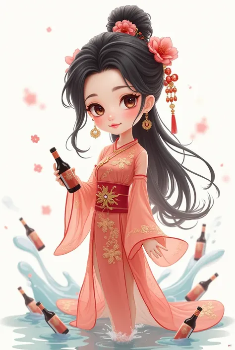 chibi, 3d_render, Oriental beautiful girl,  White transparent real-life painting, Colorful water splash rendering, messy strokes, Facial texture is clear, Chinas finest translucent silk dress, Adorning her upper body, Delicate hair ornaments, Intricately d...