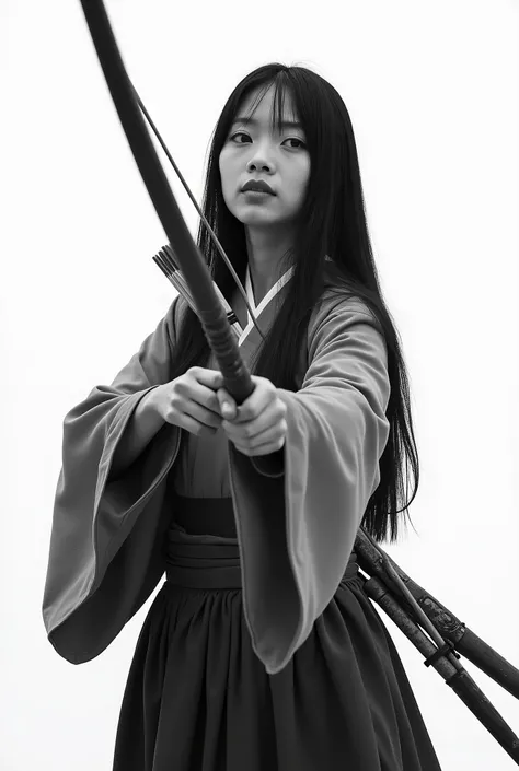 live-action、 real、Kyudo、A very beautiful Japanese woman who holds a bow and sets her sights on viewers、Carrying arrows、Ainu traditional clothing、A very beautiful Japanese woman with a 、Black Hair、 straight long hair carrying arrows 、White background、Black ...