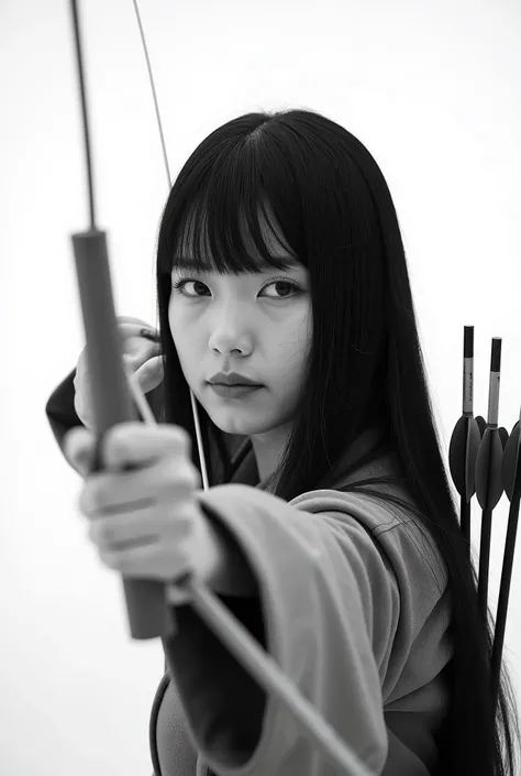 live-action、 real、Kyudo、A very beautiful Japanese woman who holds a bow and sets her sights on viewers、Carrying arrows、Ainu traditional clothing、A very beautiful Japanese woman with a 、Black Hair、 Straight Long Hair 、White background、Black and white photog...