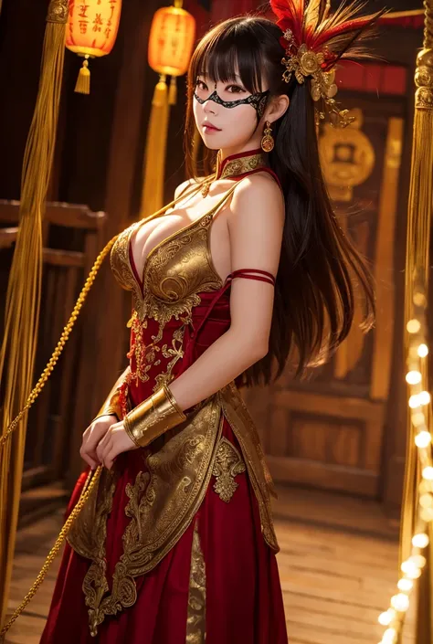  1 girl, Long Hair,  China dress 、masquerade mask、 big breasts at the temple, holding a whip、 dim cell with brown lights with jump rope、 composition showing the floor from the ceiling 、