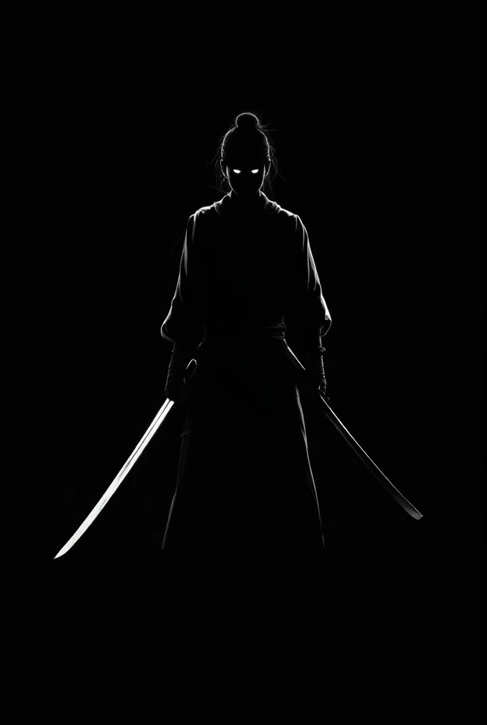 Samurai white outline holding a samurai sword with black background