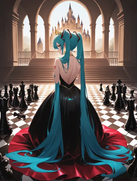 high angle shot, 1 girl, hatsune miku, queen, long black ball gown, gold tiara, crystal earrings,long flowing hair,  dissapointe...