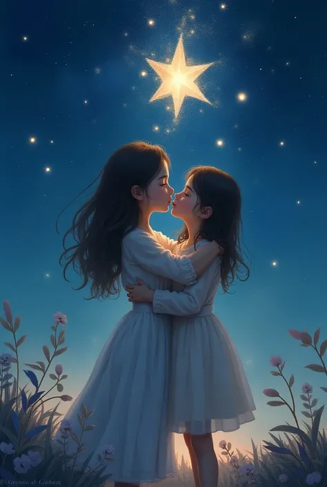 a girl with her eyes closed ,  as the star begins to move .  the other girl embraces her affectionately .  The star shines magically in the sky.