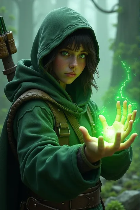 archer, dark green eyes,  Dark Brown Hair , hoodie and cloak , Green magic in the hands