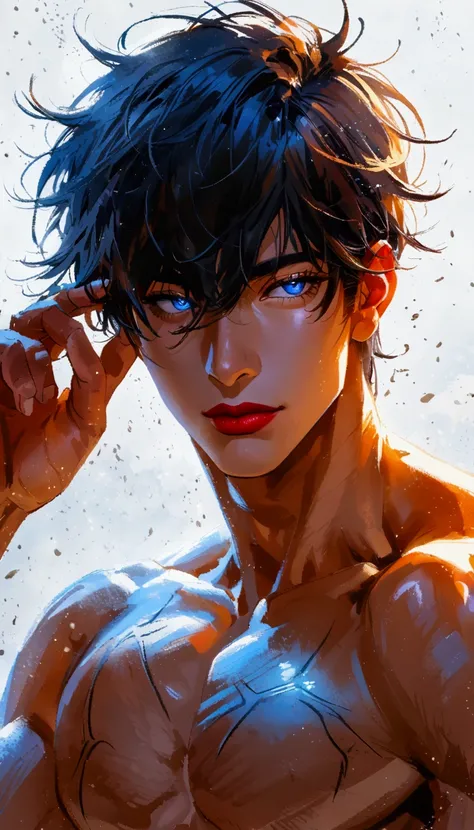  Transform into a cartoon A dark-haired smooth man patting his eyes with blue eyes a strong man with only,  a pair of black sweatpants , And very fair-skinned , very high, shirtless drawing , epic,Alone,  high resolution , Rice, Vein of anger,  red lips,  ...