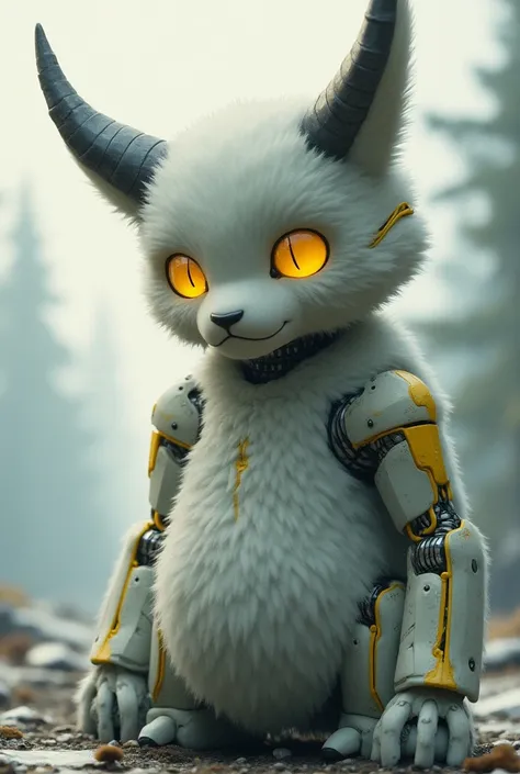 A human-looking robot from anime, light gray fur, horns on the head, yellow eyes, stripes on the body,  bright yellow wires