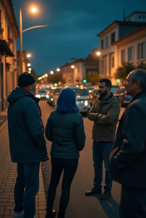  A group of 5 people 4 men 1 a Latino woman with blue hair ,  which is interviewing the 4 men in casual but warm clothes are located in a circle and the place where they are is a block has a plastic lock at their entrance so that one car can enter at a tim...