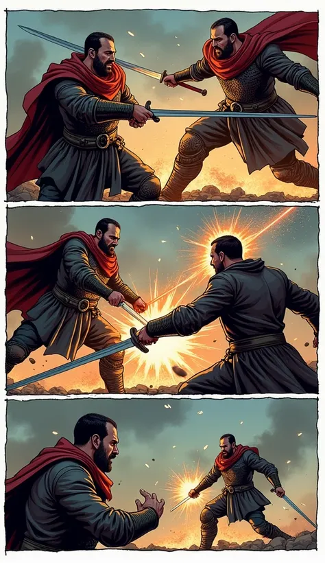 "Storyboard, Comic book panel layout with white border, Multiple views, Immersive, Go Pro, Action Pose, 6 panels "Vlad blocking a heavy attack with his sword, sparks flying as metal clashes with metal. His face is filled with determination, showing his unb...