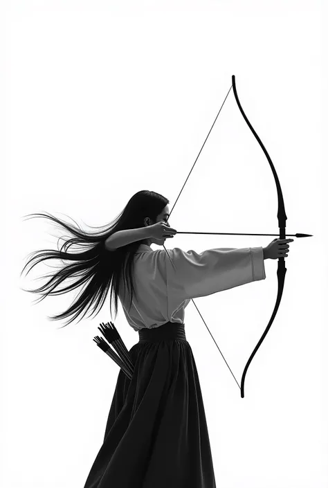 live-action、 real、Kyudo、A very beautiful Japanese woman holding a bow and taking aim、Carrying arrows、Aiming at the sky、Ainu traditional clothing、A very beautiful Japanese woman with a 、Black Hair、 straight long hair carrying arrows 、Hair blowing in the win...