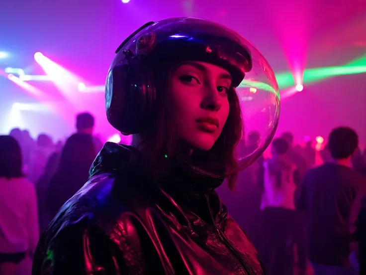  a woman wearing a transparent plastic polymer helmet and a shiny jacket looking at the camera, inside a vibrant night club, cyber aesthetic, cyberpunk vibes, futuristic aesthetic, futuristic style, holographic design, futuristic look, futuristic art style...