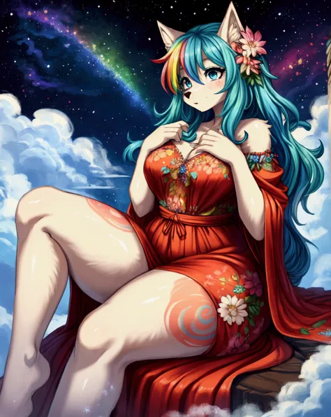 An enchanting anime scene of a droopy-eyed Wolf woman anthropomorphism with bright, rainbow-colored hair, dressed in a flowing gown with floral motifs. She sits on a floating cloud, Thick thighs, surrounded by colorful stars and celestial patterns, dreamy ...