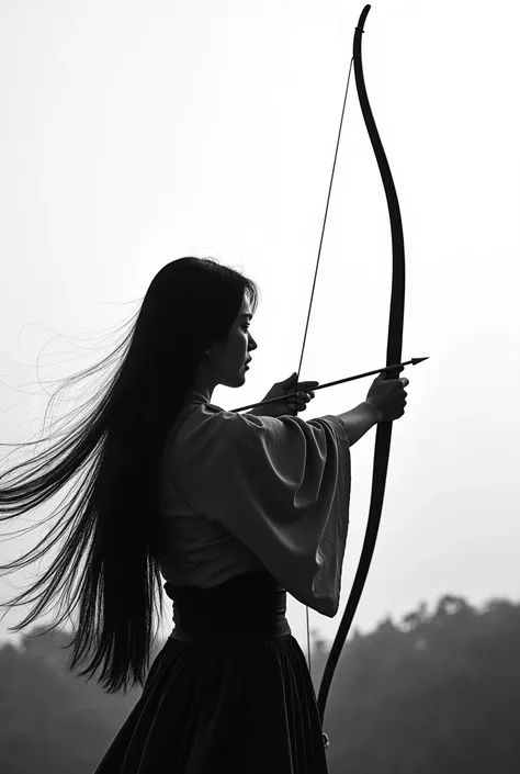 live-action、 real、Kyudo、A very beautiful Japanese woman holding a bow and taking aim、Carrying arrows、Aiming at the sky、Ainu traditional clothing、A very beautiful Japanese woman with a 、Black Hair、 straight long hair carrying arrows 、Hair blowing in the win...