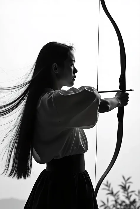 live-action、 real、Kyudo、A very beautiful Japanese woman holding a bow and taking aim、Carrying arrows、Aiming at the sky、Ainu traditional clothing、A very beautiful Japanese woman with a 、Black Hair、 straight long hair carrying arrows 、Hair blowing in the win...