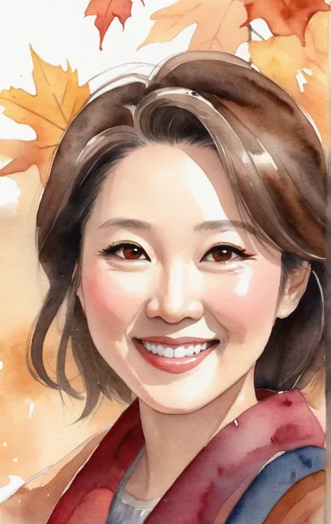 Close-up watercolor illustration of Ayano Fujisaki, a 48-year-old Japanese woman with a round face and radiant, toned skin. She has elegant brown eyes with fine laughter lines, plush lips, and a graceful, sensual charm. Ayanos expression shows confidence a...