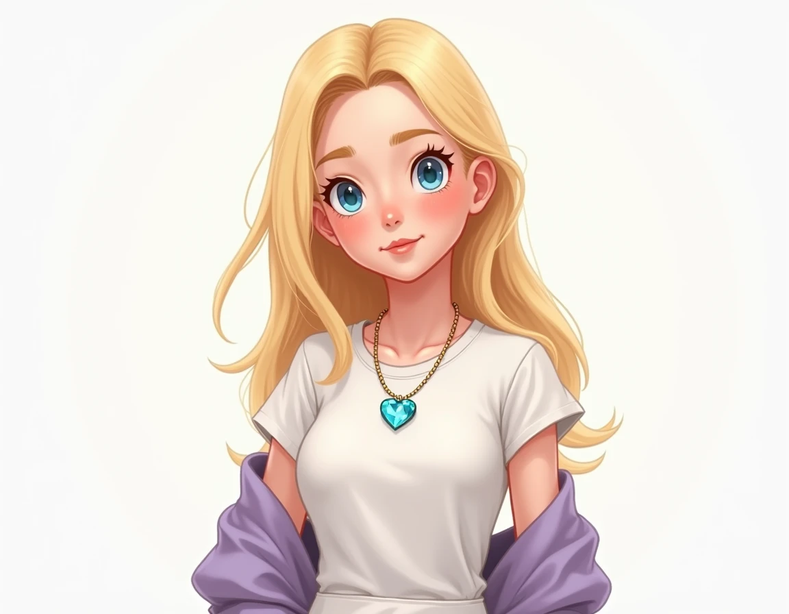 long Blonde haired teen female with blue eyes wearing a plain white shirt with a light purple jacket hanging on the side of her arms and a white skirt wearing a light blue crystal heart necklace realistic cartoon