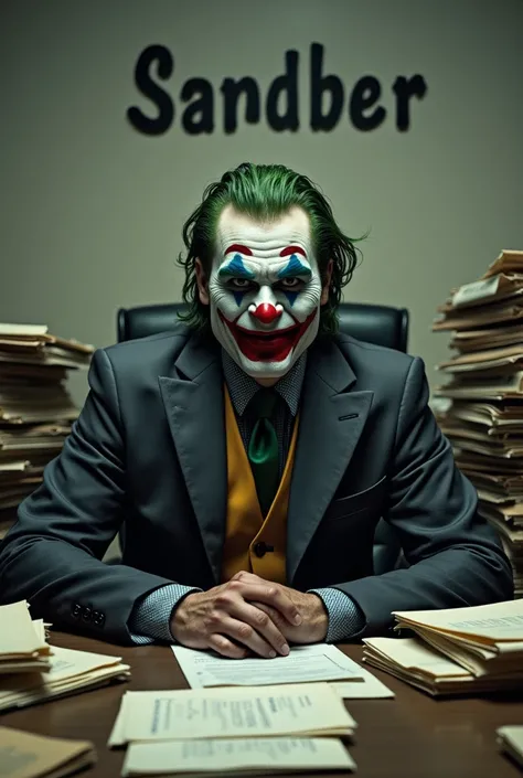  The Joker dressed in a suit and tie surrounded by folders and on the back wall there is a sign that says: SANDUBER 