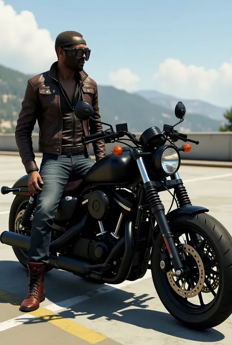 there is a man standing next to a motorcycle in a parking lot, sitting on cyberpunk motorbike, style of gta v, gta v street style, mechanic punk outfit, gta character, motorbiker, style of cyberpunk 2 0 7 7, cyberpunk street goon, style of gta v artworks, ...