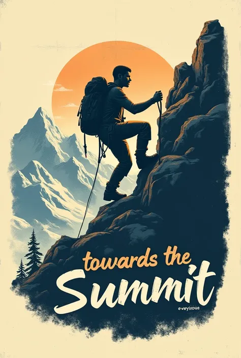 Silkscreen logo of a mountain climber with the word Towards the Summit, legible handwriting, Vintage style