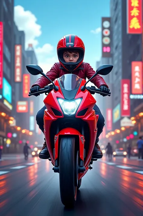 Boy riding a red Moto Pulsar N160 