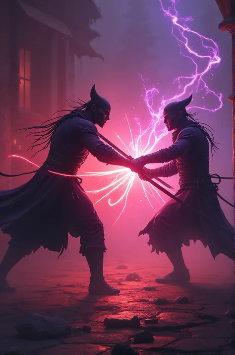 A fast sword fight with a string behind it and red and purple lights.