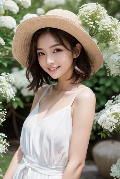 Big Eyes, cute double, Happy woman surrounded by flowers , Gypsophila, Cheerful atmosphere,  bob cut with waves , Talented ,  cute smile,  very detailed woman ,  detailed hair,  highly detailed face and eyes , Precise Representation,  thin lips with raised...