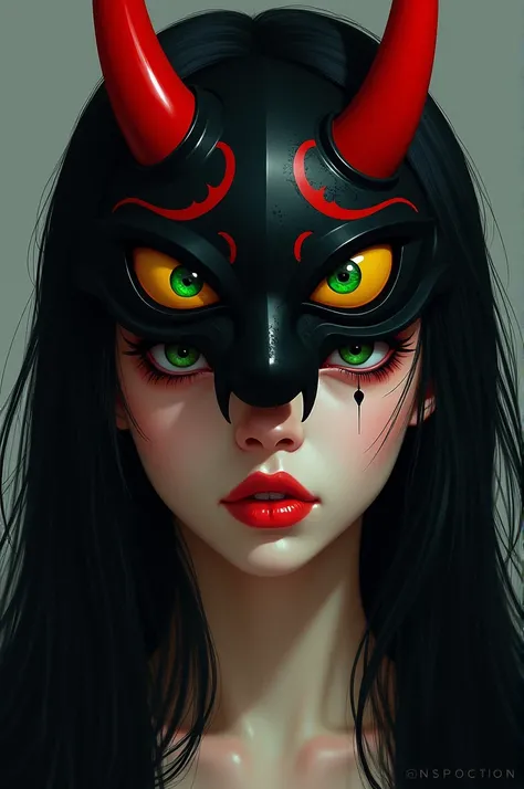 A imagem retrata uma woman jovem com cabelos negros e longos, straight bangs and vibrant green eyes. Sua expressão é Enigmatic , with lips painted a deep red and a faint red line under one eye, suggesting a tear or a mark.
O rosto da woman está parcialment...