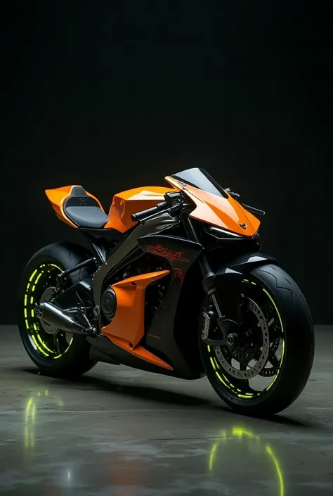 Moto naked orange main color and neon green strips on the wheels