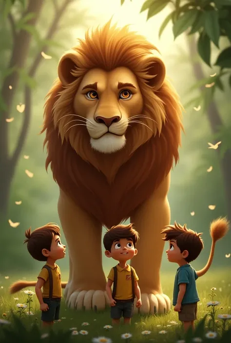 A lion with three boys 