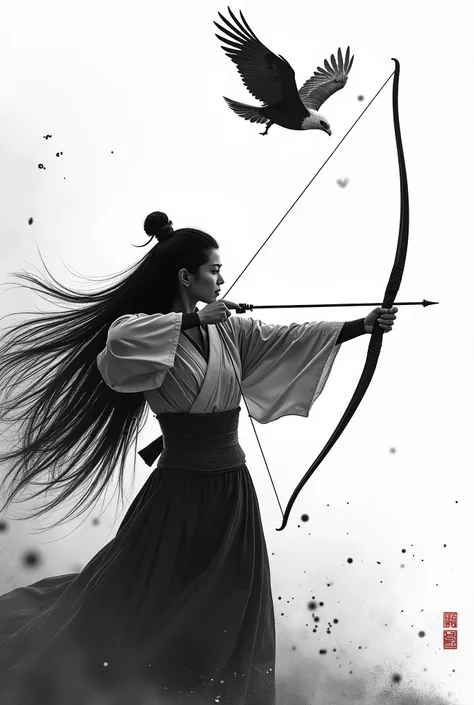 live-action、 real、kyudo、a very beautiful japanese woman holding a bow and taking aim、carrying arrows、aiming at the eagle in the ...