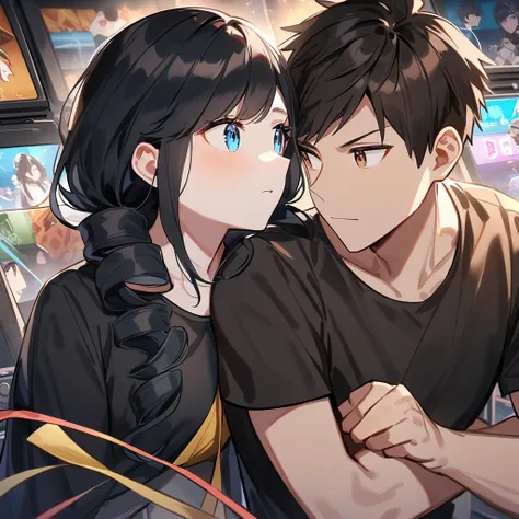 2 streamers  ,a girl and a boy,  they are looking at each other ,  the girl has long dark hair and has fair skin and BLUE eyes.   the boy has black hair with curlers ,  has light brown skin and BROWN eyes . behind them are battle video game screens. 