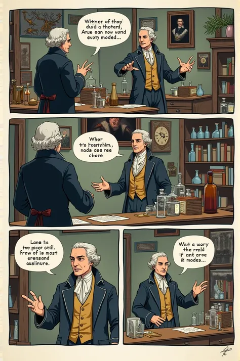 Create a comic with dialogue in Spanish where the illustrious Lavoisier applied the law of the conservation of matter for the first time 