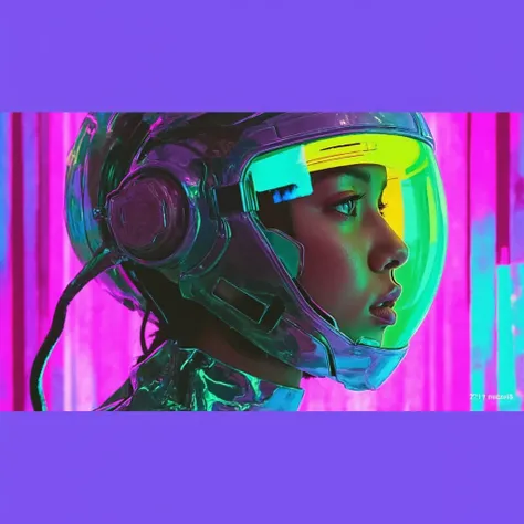  a woman wearing a transparent plastic polymer helmet and a shiny jacket looking at the camera, inside a vibrant night club, cyber aesthetic, cyberpunk vibes, futuristic aesthetic, futuristic style, holographic design, futuristic look, futuristic art style...