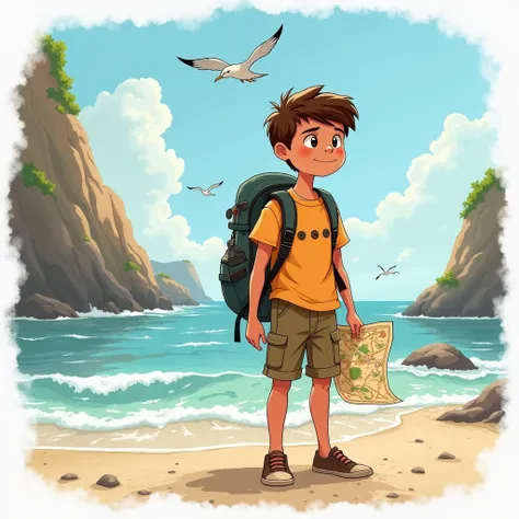 "Illustration of the boy with a backpack slung over one shoulder, holding a hand-drawn map in his other hand. He stands on the beach looking determined. The backdrop shows the rocky coast leading into the ocean, with seagulls flying above."