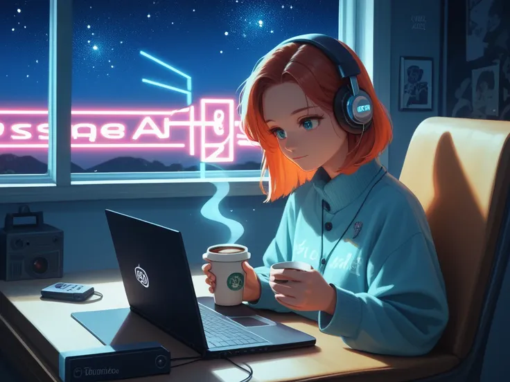 In the style of 1980s Japanese anime, a nostalgic scene featuring a woman in her 20s dressed in cozy Gelato Pique clothing, sitting on a chair, wearing headphones and holding a coffee cup while working on a laptop and listening to jazz music. The room is c...