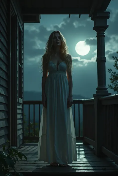 A beautiful blond woman afraid to go out on the porch at night